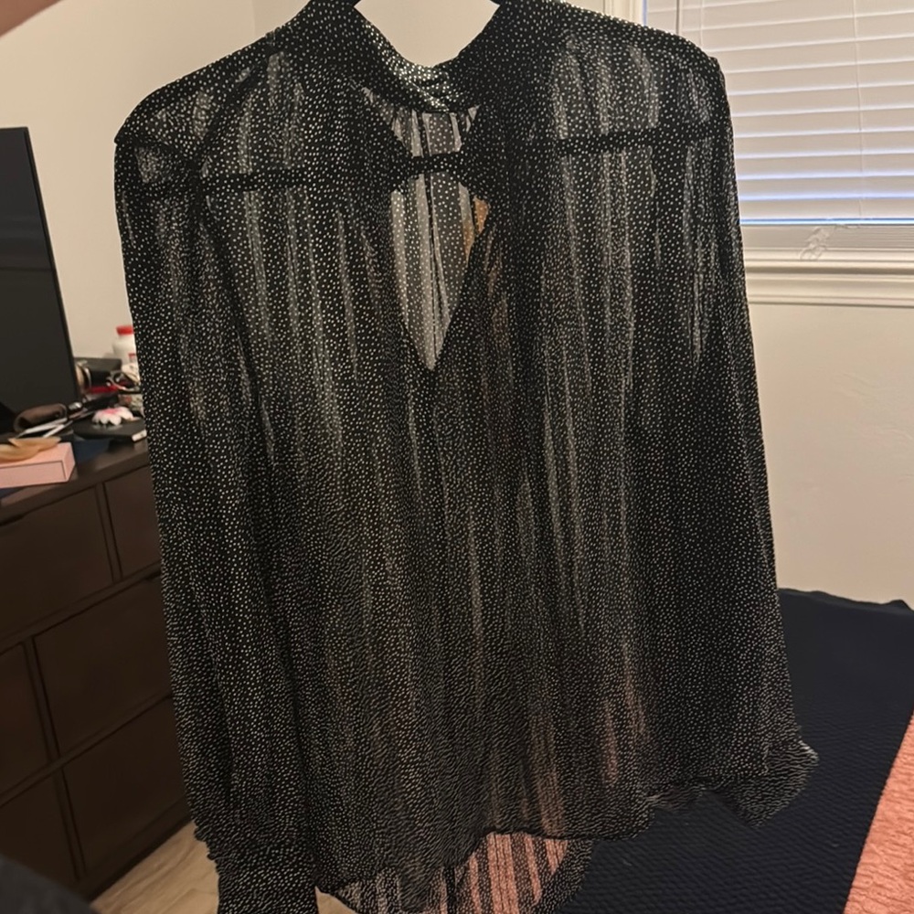 H&M Black Sheer Long Sleeve Blouse with Mandarin Collar